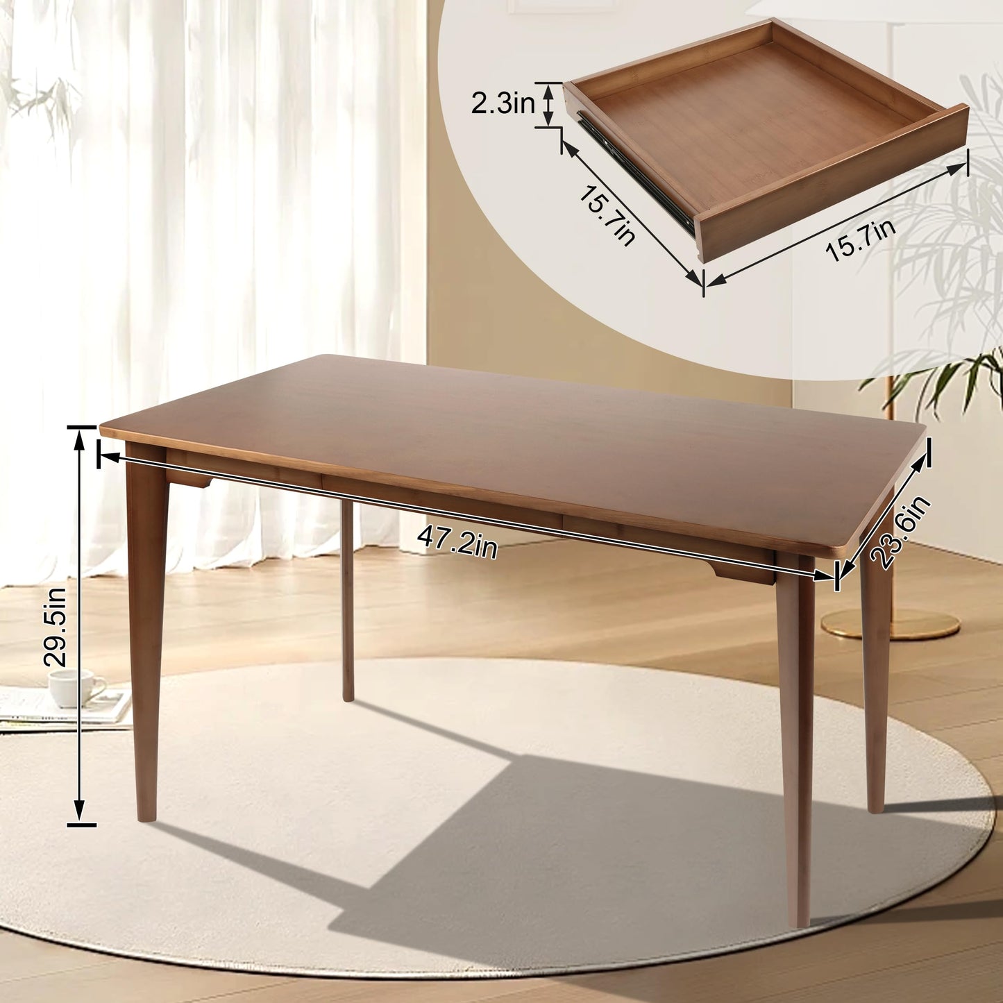 Maydear 47" Bamboo Multipurpose Study Writing Desk with Drawer, Modern Simple Computer & Laptop Table Dining Table for Bedroom, Living Room, Home and Office, Kitchen,Walnut