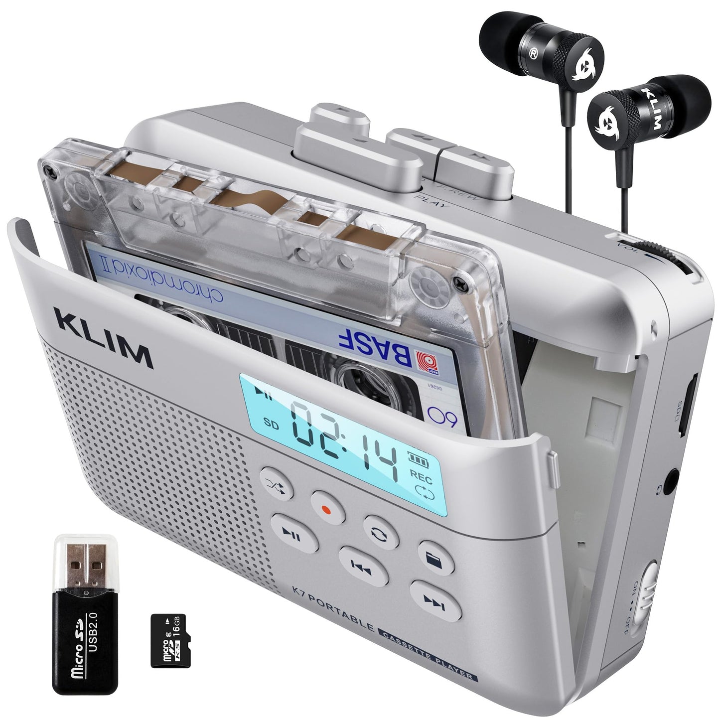 KLIM K7 Cassette Tape Player - Cassette to MP3 Converter - Portable - Built-in Microphone & Speaker - Rechargeable Battery - Ear