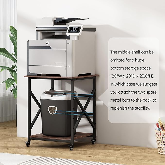 Fannova 23.6 x 23.6 Inches Large Printer Stand, 3 Tier Square Printer Table with Height Adjustable Storage Shelf, Rolling Printer Cart with Industrial Wheels for Home Office - Rustic Brown