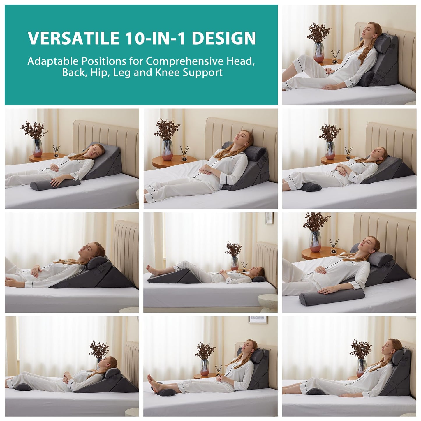 Bedluxe Adjustable 4pcs Bed Wedge Pillow Set, Memory Foam Wedge Pillows Post Surgery for Back, Neck, Leg Pain Relief, Pillow Wedge for Sleeping, Sitting up in Bed, Acid Reflux and GERD, Velvet