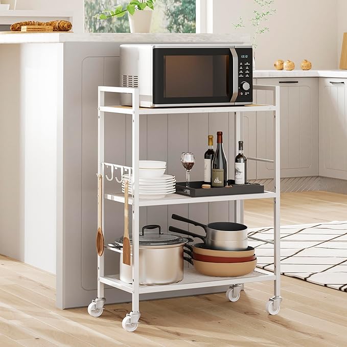 XIVIRACK 3-Tier Metal Storage Rack with Industrial Wheels,Mesh Shelving Unit with Wooden Table top,Adjustable Shelf,23.6-Inch Width,for Kitchen,Laundry,Pantry,Plant,Oak panel and white frame