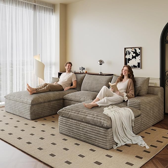 107" Cloud Sectional Couch U-Shaped Chaise with Ottoman, Corduroy Boneless Couch for Living Room Bedroom, Deep-Seat Upholstered Modular Cloud Sofa, No Assembly Required (Camel, Left Facing Chaise)