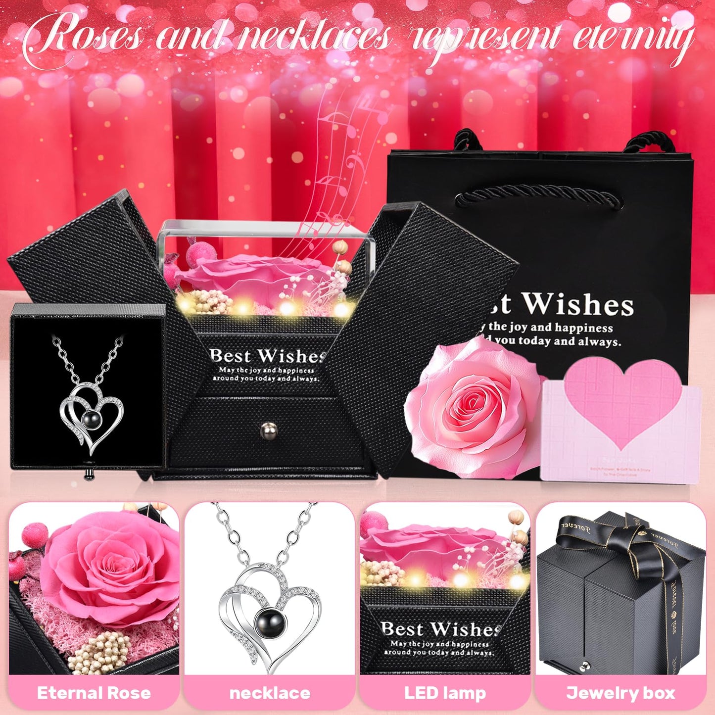 Pasuvsigt Gifts for Women - Preserved Real Rose with I Love You Heart Necklace, 100-Language LED Music & Lights, Romantic Birthday/Anniversary/Thanksgiving for Women and Girlfriend