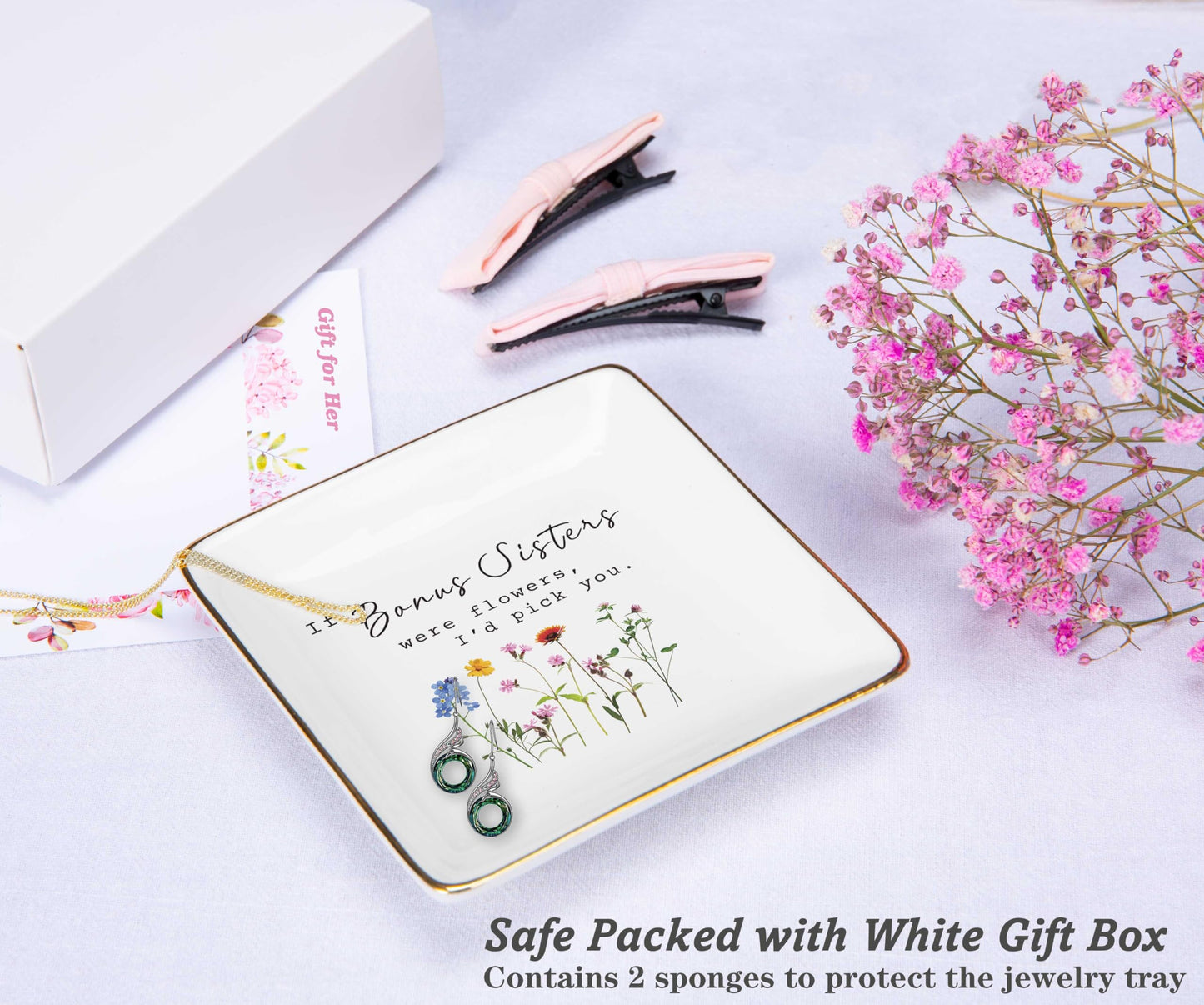 NZY Mother's Day,Birthday,Thanksgiving Christmas Gifts for Sister-in-Law,Bonus Sis Appreciated Gifts,Thank You Present,Jewelry Tray Trinket Holder Ring Dish-If Bonus Sisters Were Flowers,I'd Pick You