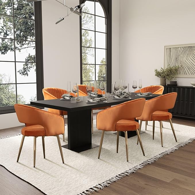COMULER Orange Velvet Dining Chairs Gold Legs, Modern Dining Room Chairs with Arms Set of 2 Upholstered Accent Chair Armchair with Barrel Back for Kitchen Living Room