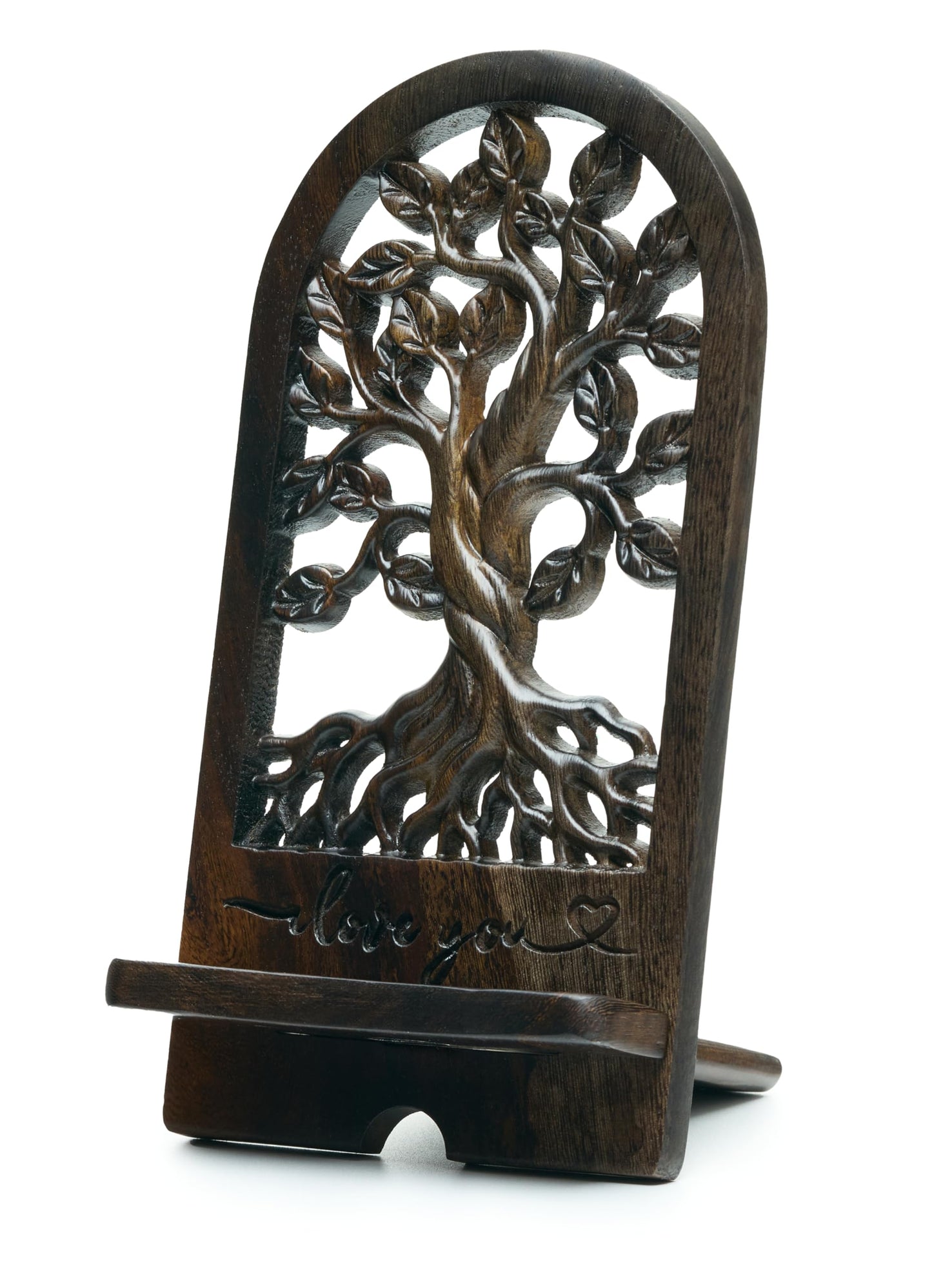 Handicraftviet - Handcrafted Wooden Tree of Life Phone Stand, Engraved I Love You - Vintage Desk Docking Station for Smartpho