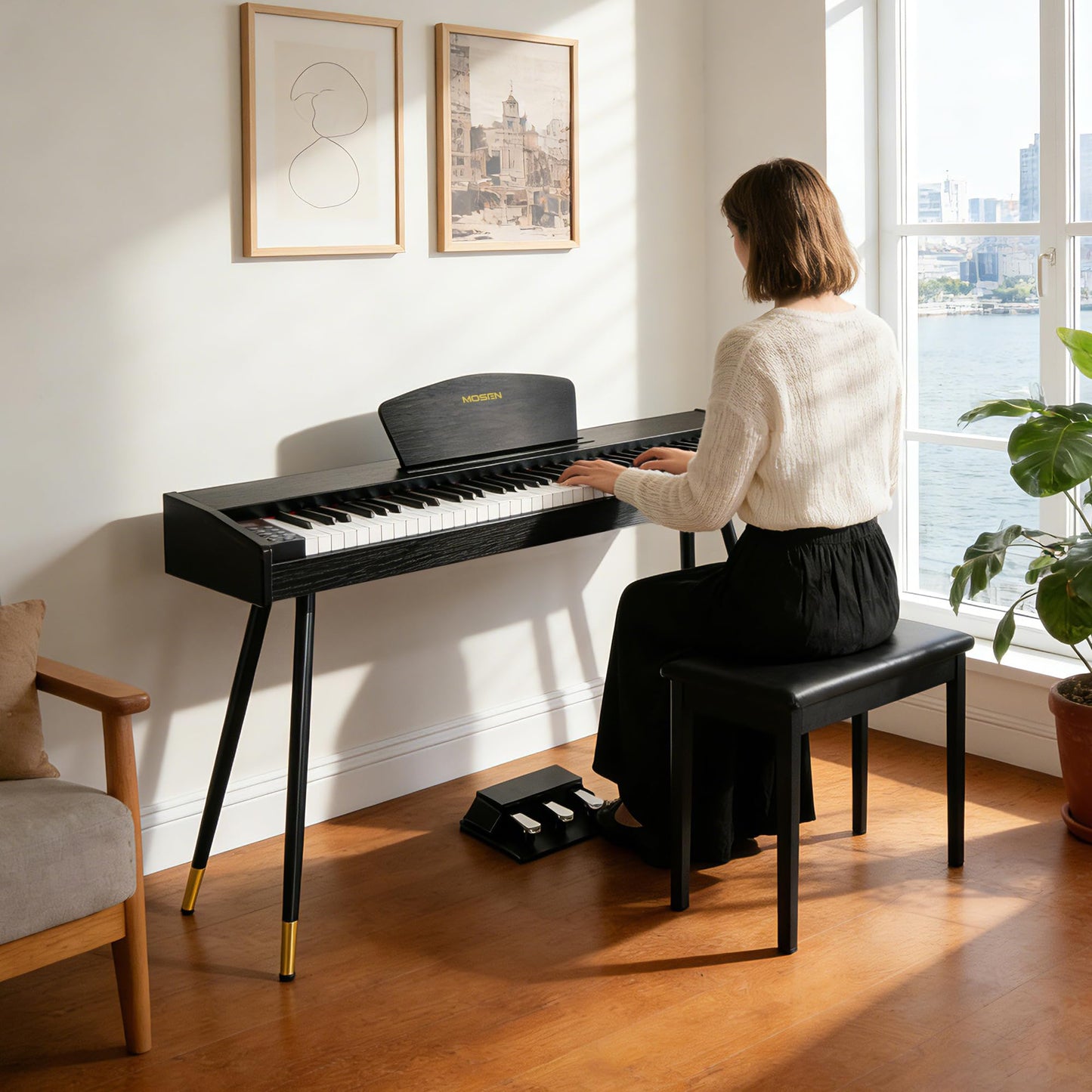 MOSEN Digital Piano 88 Key Weighted Keyboard, Full Size Keyboard Piano, Hammer Action,128 Voices, Recording, 3-Pedal, Music Stand, USB-MIDI MP3 Connecting, Electronic Piano for Beginner, MDP-88, Black