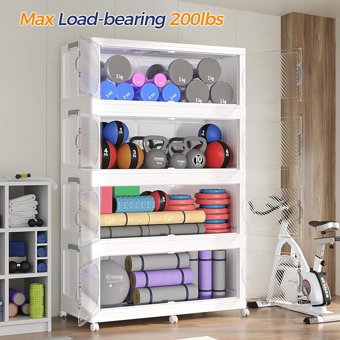 180GAL Plastic Storage Bins with Lid, 720QT Extra Large Stackable Closet Organizers and Storage, Collapsible Storage Boxes with Wheels, Folding Cabinet for Home Kitchen Office, 3Pack White