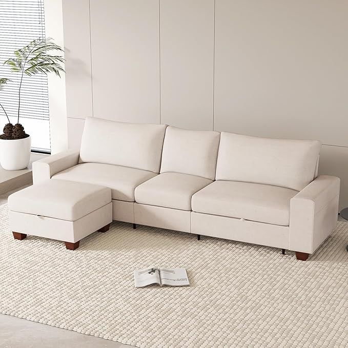 Couchus 112“ Convertible Storage Sectional Sofa,L Shaped Couch with Storage Ottoman,Multi-Functional Reversible Sofa with Huge Storage Space, Breathable Fabric (Beige)