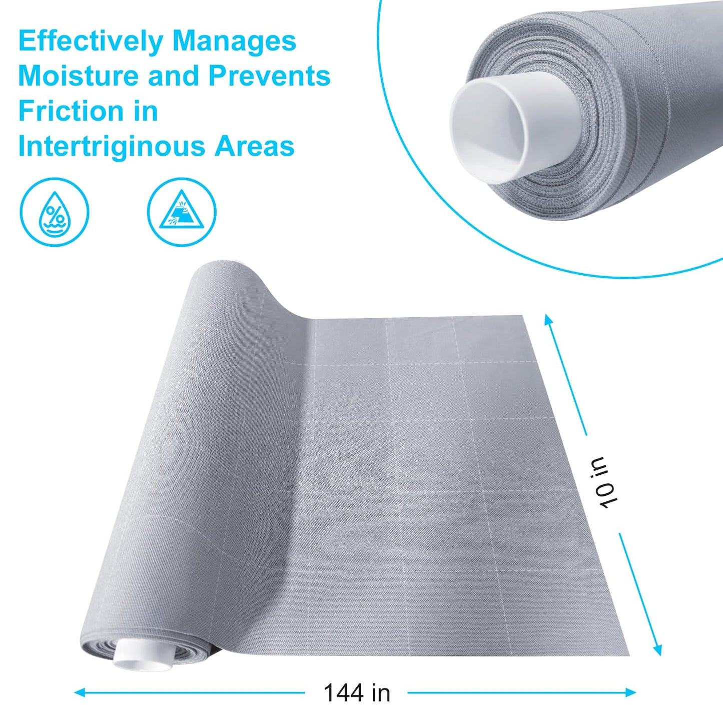 10x144 Inch Silver Infused Fabric Roll, Breathable & Non-Adherent Wound Dressing Wrap for Skin Fold Protection, Soft Medical Bandage Liner, Custom-Cut