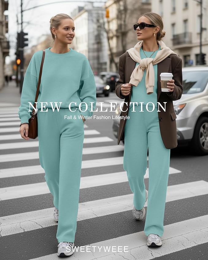 Sweetyweee Women's 2 Piece Outfits Set Fleece Lined Lounge Sweatsuit Crewneck Pullover Top Wide Leg Pants Casual Tracksuit