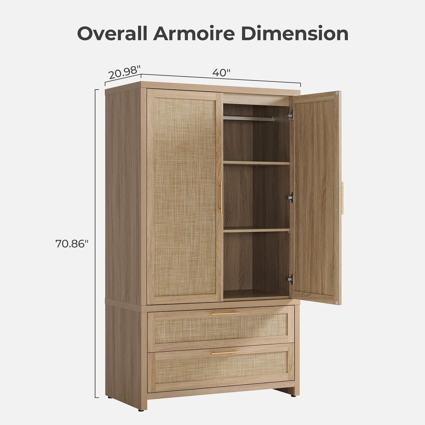 SICOTAS Rattan Armoire Wardrobe Closet Cabinet, 71" Tall Wardrobe Storage Cabinet with Doors, Large Drawers and Hanging Rod, Boho Armoire Clothes Organizer for Bedroom, Cloak Room, Light Oak