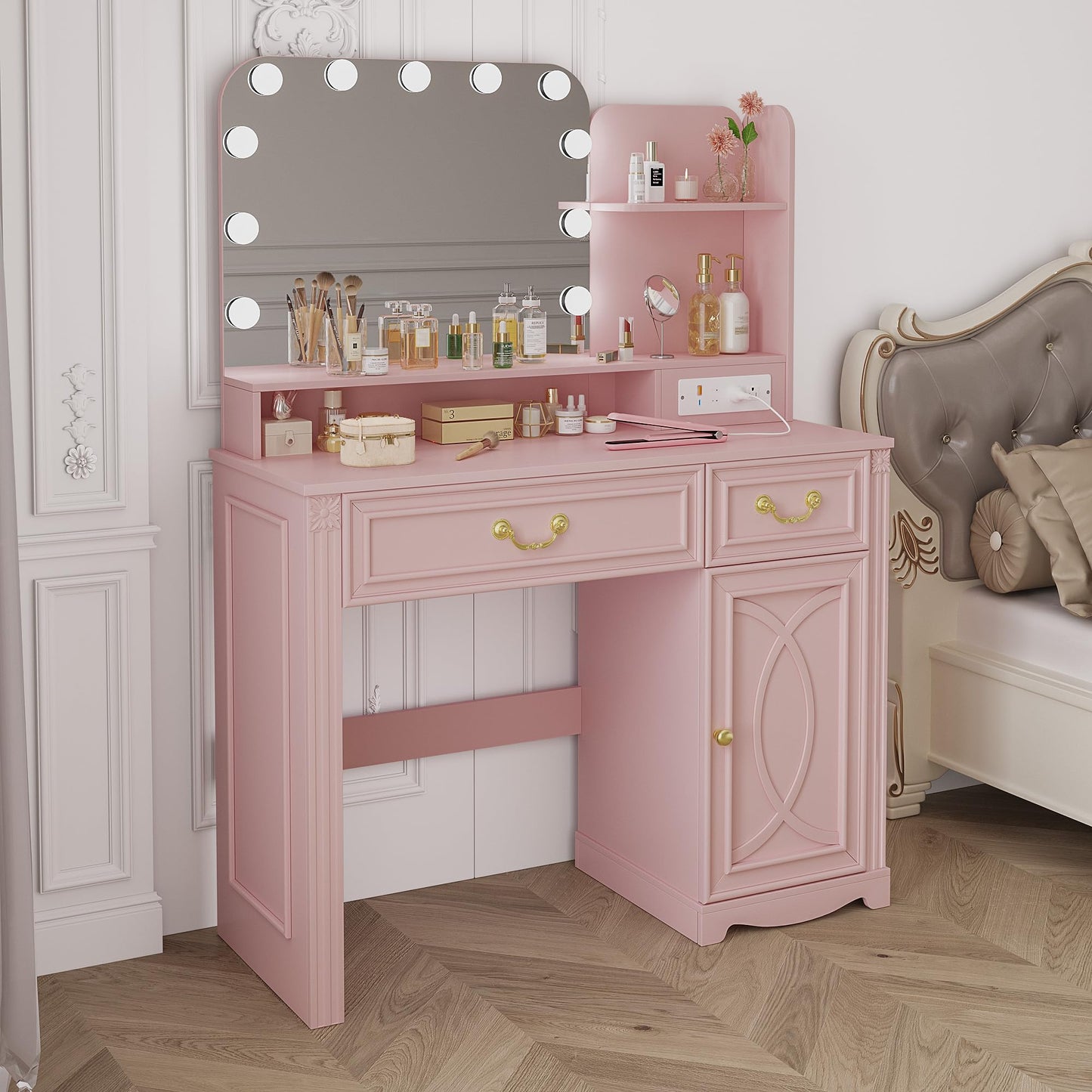 Lareth Makeup Vanity Desk with Lighted Mirror, 39.4 inch Vanity Table with Power Outlet, Bedroom Dressing Table, Adjustable Lights & 1 Cabinet 2 Drawers, Gifts for Teen Girls Women, Light Pink