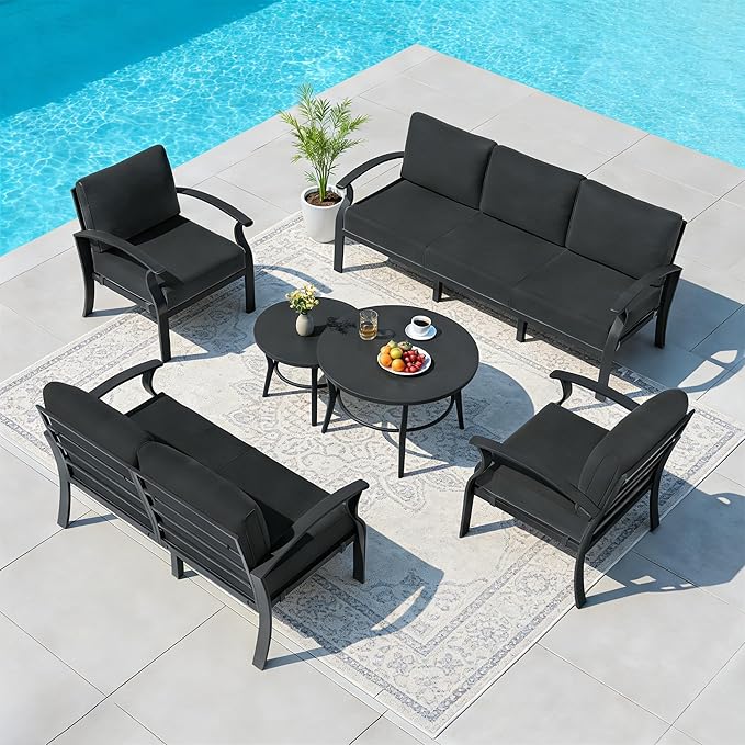 RTDTD Aluminum Outdoor Patio Furniture Set,7 Seats Patio Conversation Sets with 2 Round Coffee Tables,Metal Patio Sectional Furniture Set with 5.1" Thickened Cushions,Black