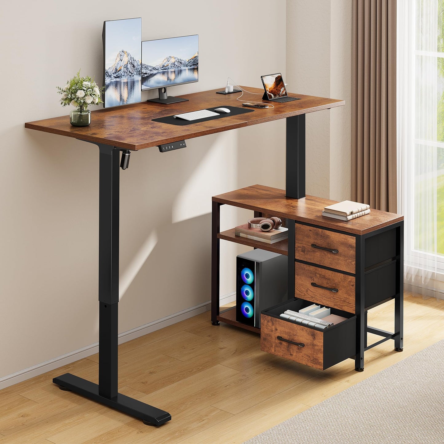 Homiflex 47 Inch L Shaped Desk with 3 Drawers Electric Standing Desks with Storage Computer Table Adjustable Height with Power Outlets 4 Memory Presets for Home Office, Rustic Brown