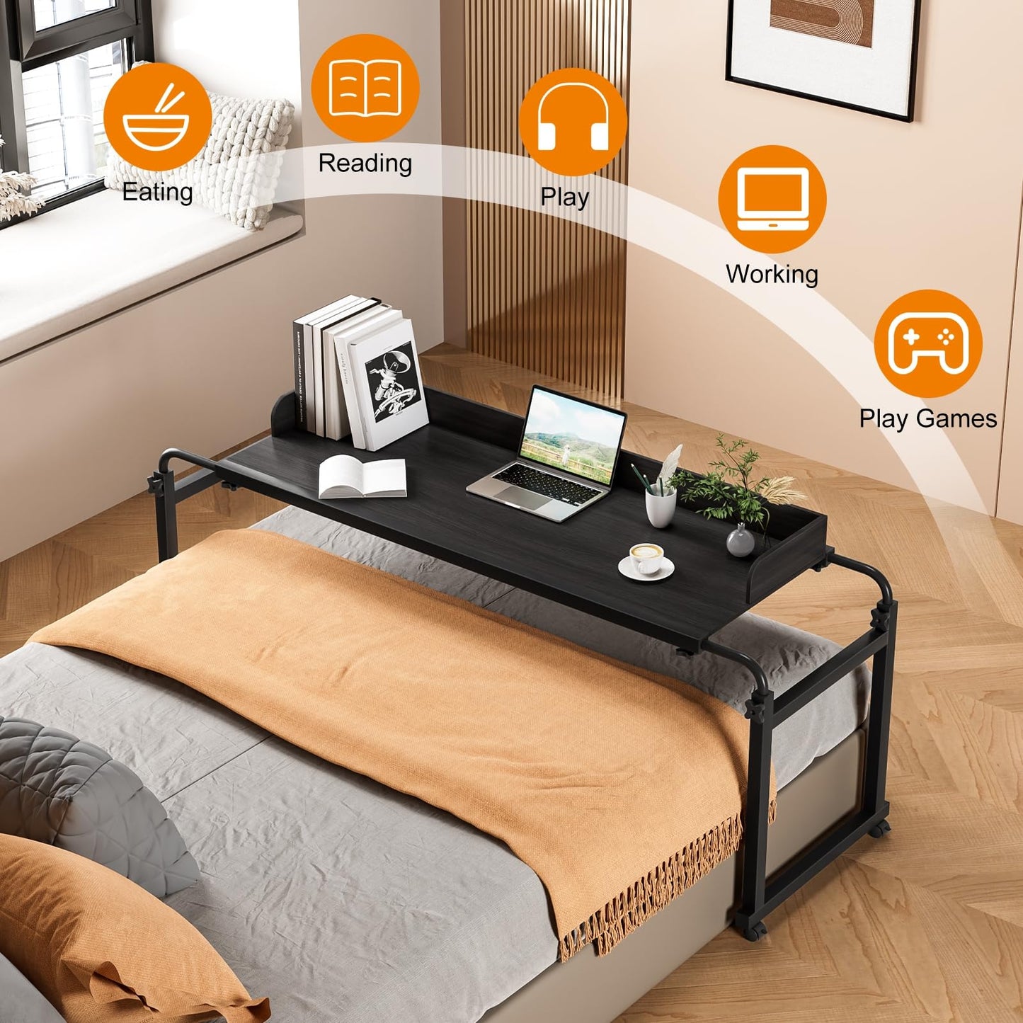 funrautz Adjustable Height Overbed Table, Rolling Overbed Bedside Desk with Raised Baffle and Spacious Desktop, Over BedTable with Wheels for Home Office Bedroom Hospital Use (Matte Black)