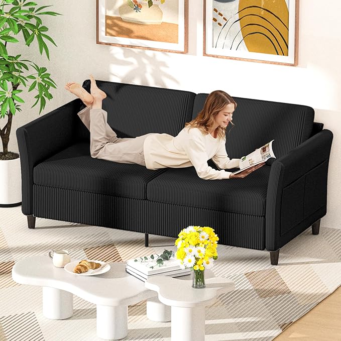 Valthie 79.1" Corduroy Loveseat Sofa, Modern Comfy Couches with Side Pocket, 3-Seater Sofa Couch for Living Room, Bedroom and Small Spaces,Black