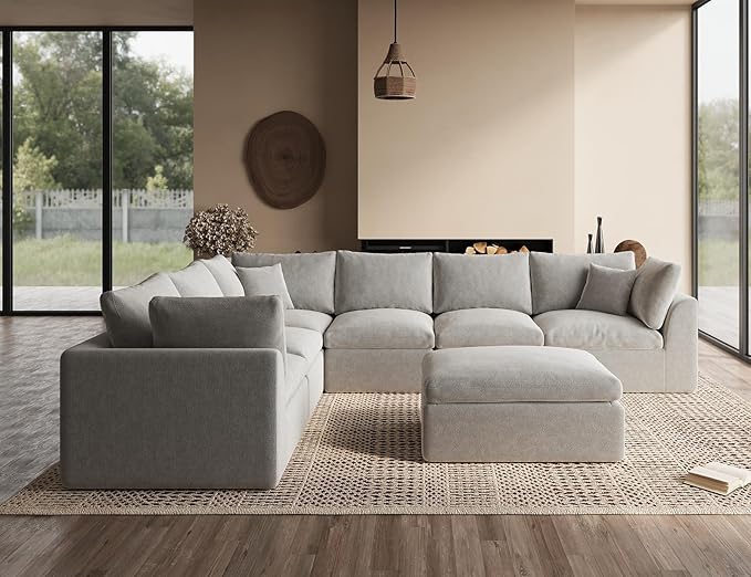ohllob Oversized Cloud Couches for Living Room, Boneless Sectional Couch with Ottoman, 7 Seater Large Modular Sectional Sofa, Light Grey