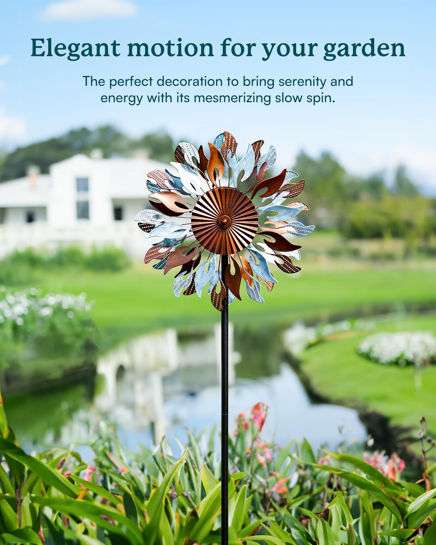 Cyan Oasis Wind Spinners Yard Garden - Large Wind Sculptures & Spinners with Stake, Kinetic Metal Windmill Spinner Decor for Garden Lover (22" W x 83“ H)