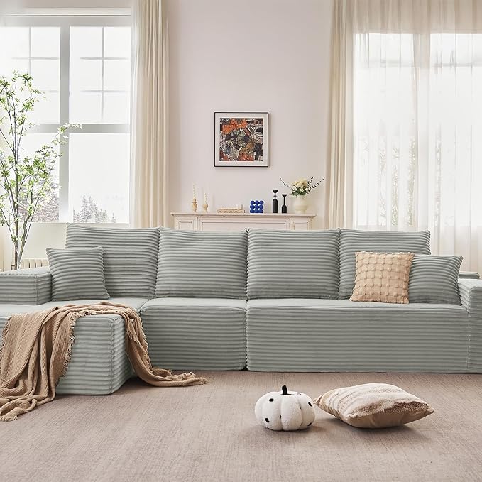 135.4" Cloud Sectional Couch with L-Shape Chaise, Modern Corduroy Boneless Couch for Living Room,Memory Foam Sofa with Deep Seat,No Assembly Required (Grey,Left-Facing Chaise)