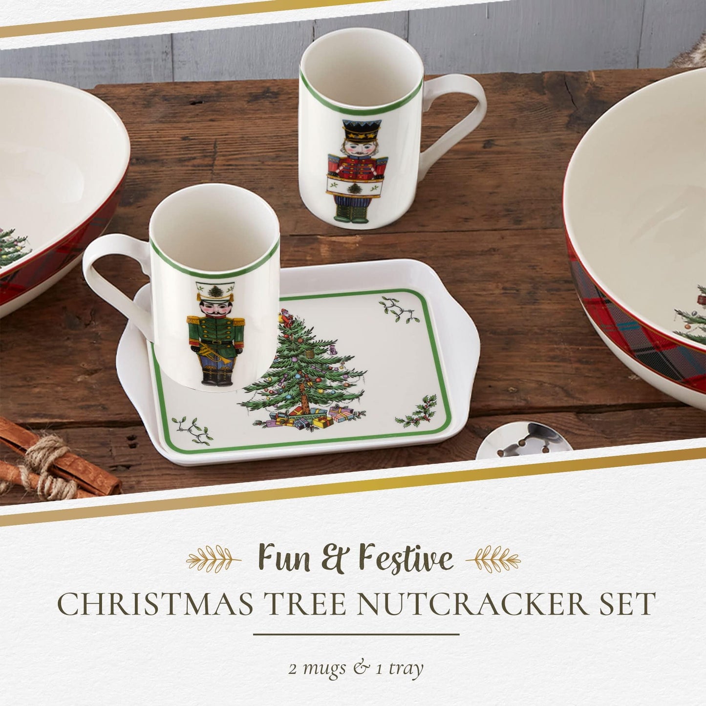 Spode Christmas Tree Nutcracker 10oz Mug & 8" Tray Set (3-Piece Set) - Festive Porcelain Mugs with Melamine Tray, Dishwasher & Microwave Safe - Holiday Gatherings & Entertaining