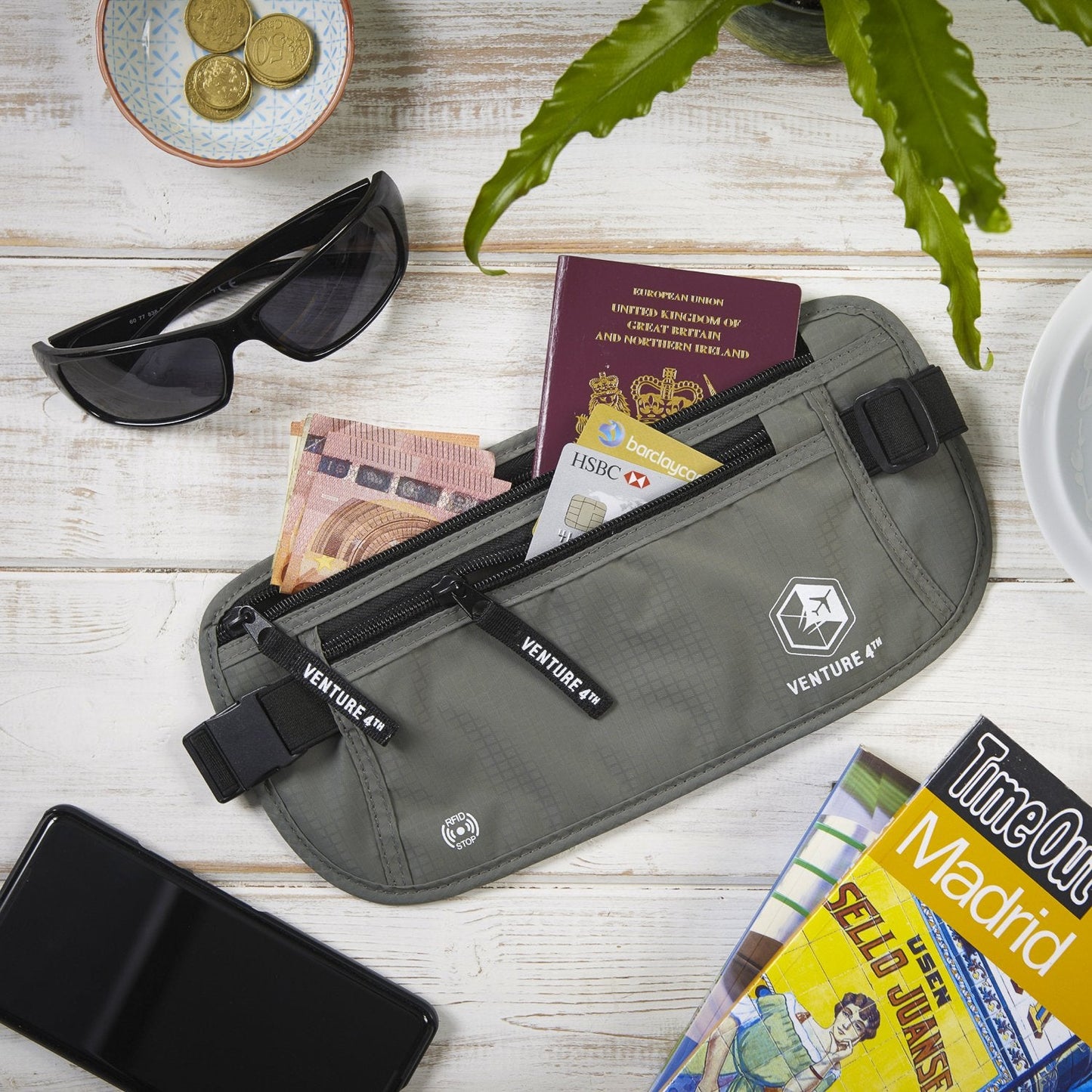 VENTURE 4TH Slim Minimalist Design RFID Money Belt with RFID Blocking Sleeves, for Men and Women – Ideal for Keeping Your Cash, Credit Card, Passport, Phone Secure When Traveling - Gray