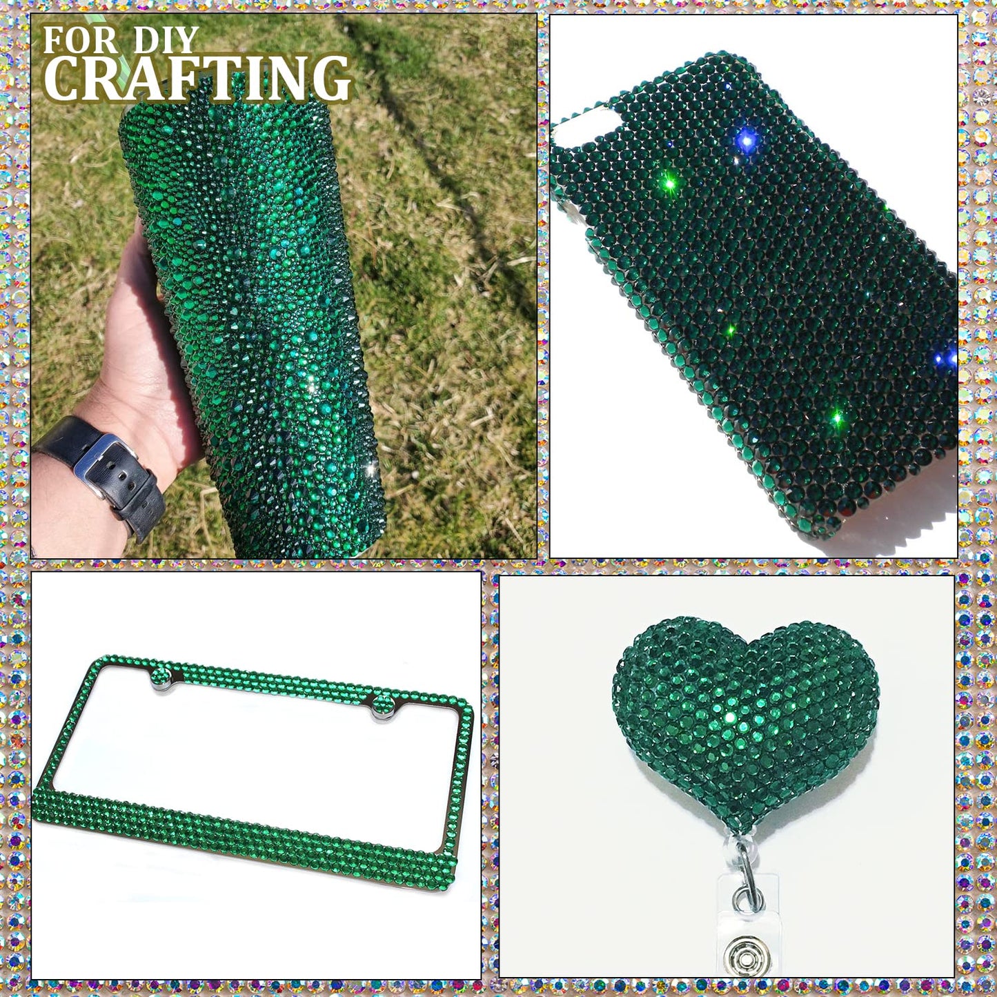 One Pack 2000 Pcs of Flatback Round Dark Green Rhinestones 6 Sizes (1.5-6 mm) with Nail Art Rhinestone Picker Pencil and Tweezer