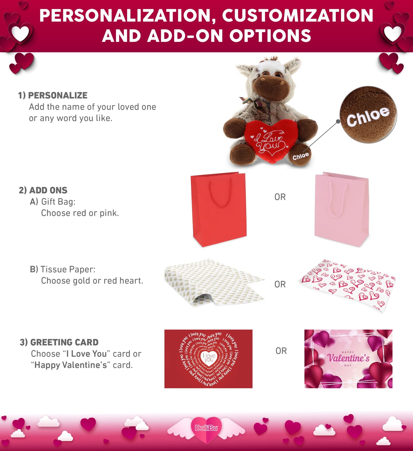 DolliBu I Love You Valentine Plush Floppy Donkey - Cute Stuffed Animal with Red Heart and Name Personalization Gift for Valentines Day, Birthday, Anniversary, Romantic Date - 6.5 Inches