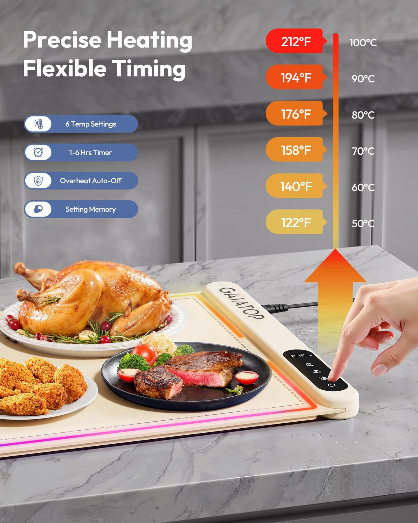 Gaiatop Warming Mat for Food with Trivet & Light, Plateful Food Warming Mats for Countertop, 6 Temp Level, 6 Timer Settings, Full-Surface Fast Heating, Portable Silicone Food Warmer for Parties Buffet