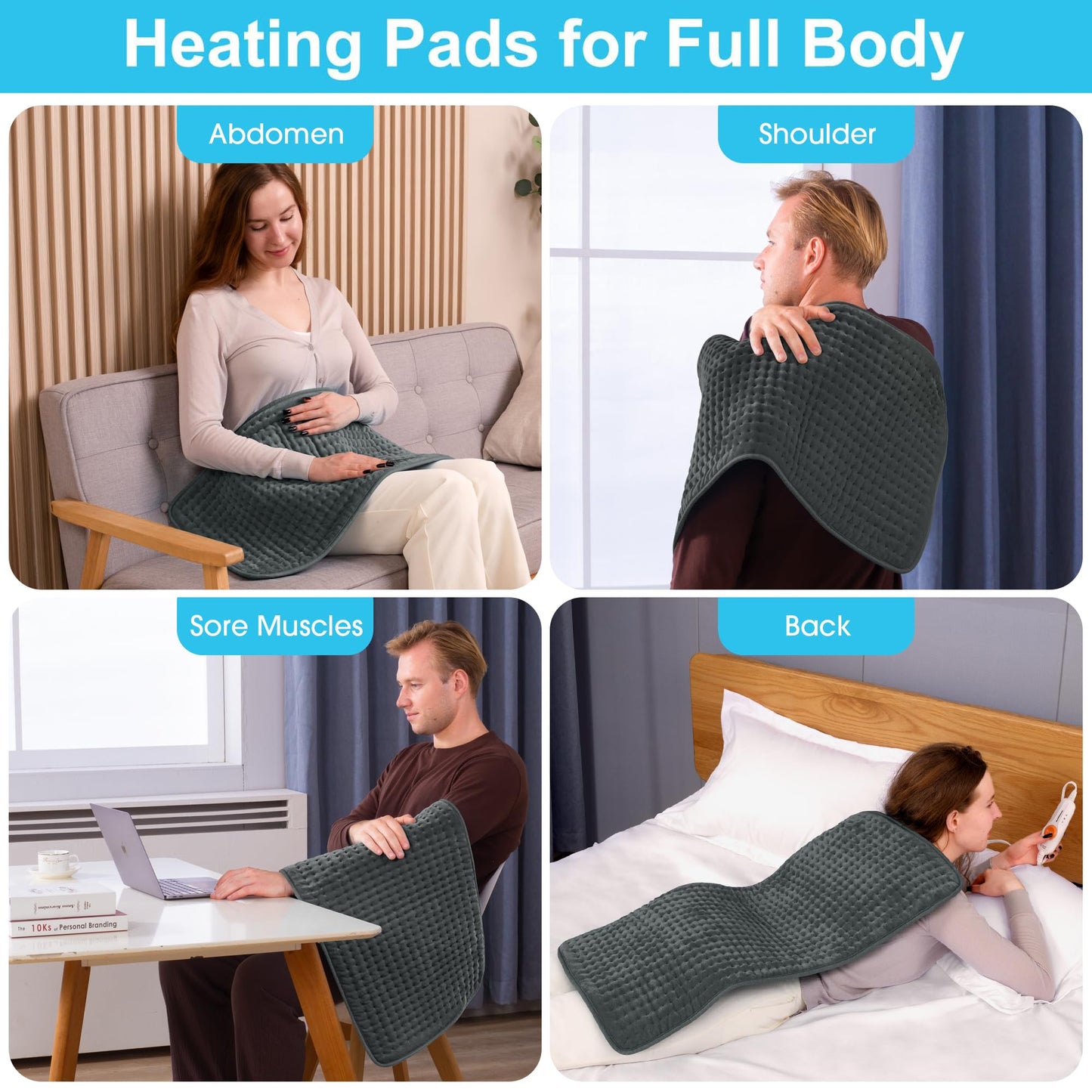Boileau Electric Heating Pad for Back Pain and Period Cramps Relief, 17"x33" Extra Large XXXL, 3 Heating Levels Heat Pad with 2-Hour Auto Shut Off, Gifts for Women and Mom, Grey