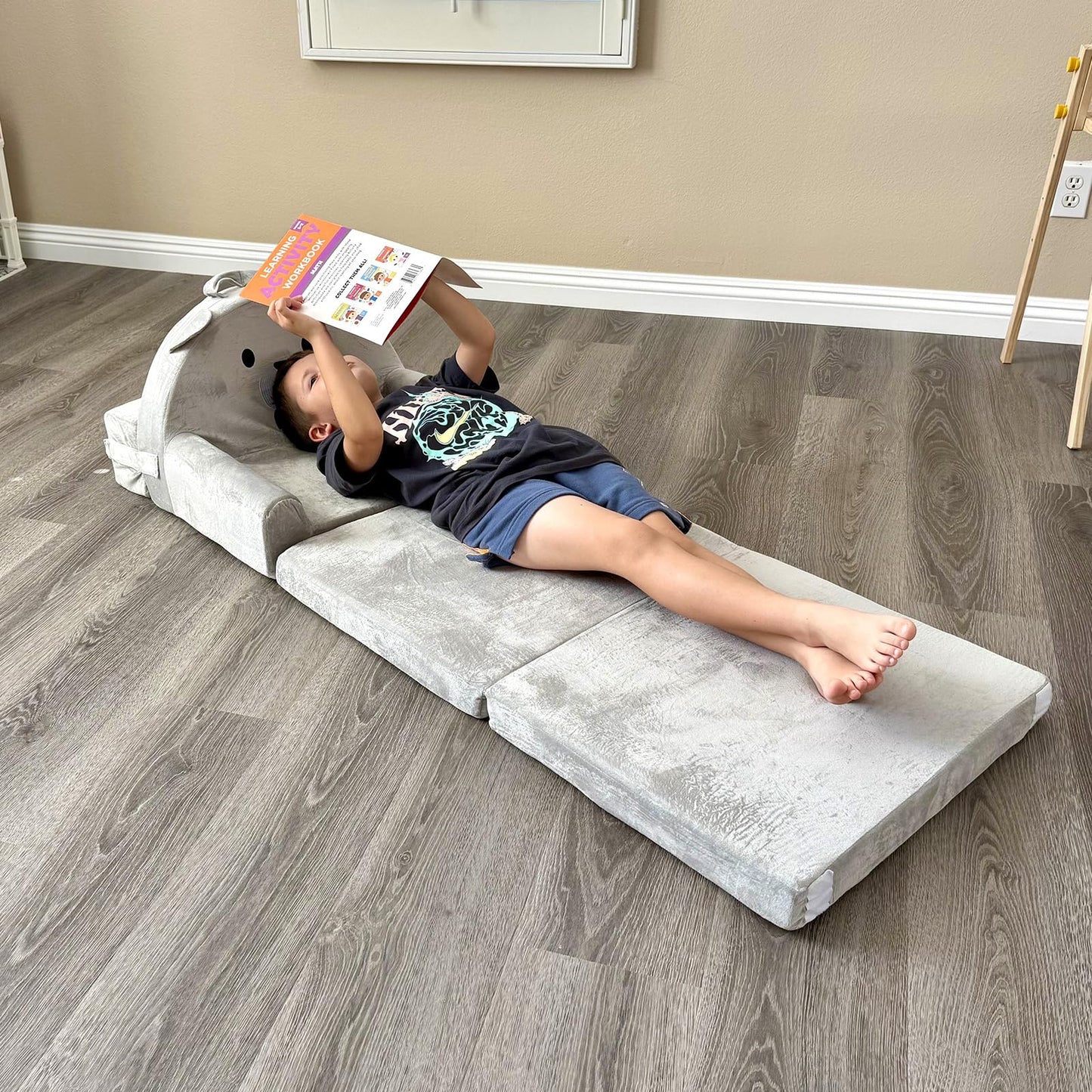 Kids Sofa Bed with Removable Washable Cover & Magic-Tape Backrest – Foldable Toddler Chair, Cozy Crystal Velvet Furniture for Playtime, Naps & Travel (Soft Grey, Bear Design)