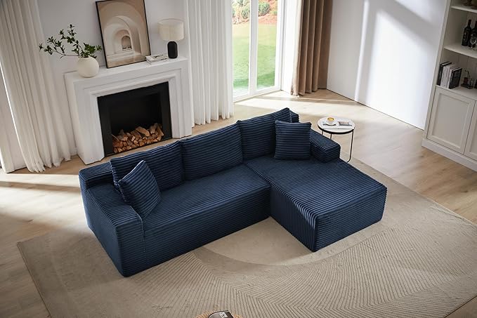 Vanress Cloud Couch Sectional, Corduroy Boneless Couch with L-Shape Chaise, Modern Modular Sectional Sofa Comfy Deep Seat for Living Room, Bedroom, No Assembly (Blue, Right Facing Chaise)