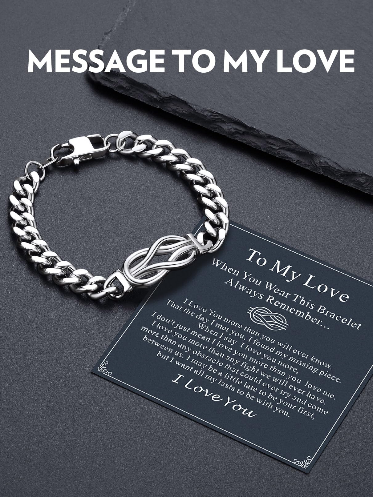 Bandmax Gift for Him BF Husband Infinity Love Knot Chain Bracelet with Love Message Card Luxury Look Mens Link Bracelets 9 Inch Ideal Gift for Valentines Day Christmas Father's Day