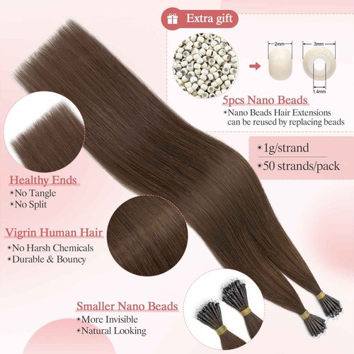 SEGO Pro 50pcs Nano Beads Hair Extensions Straight Nano Beads For Hair Pre-Bonded Seamless Nano Tip Real Human Hair,20Inch Dark Brown,50g
