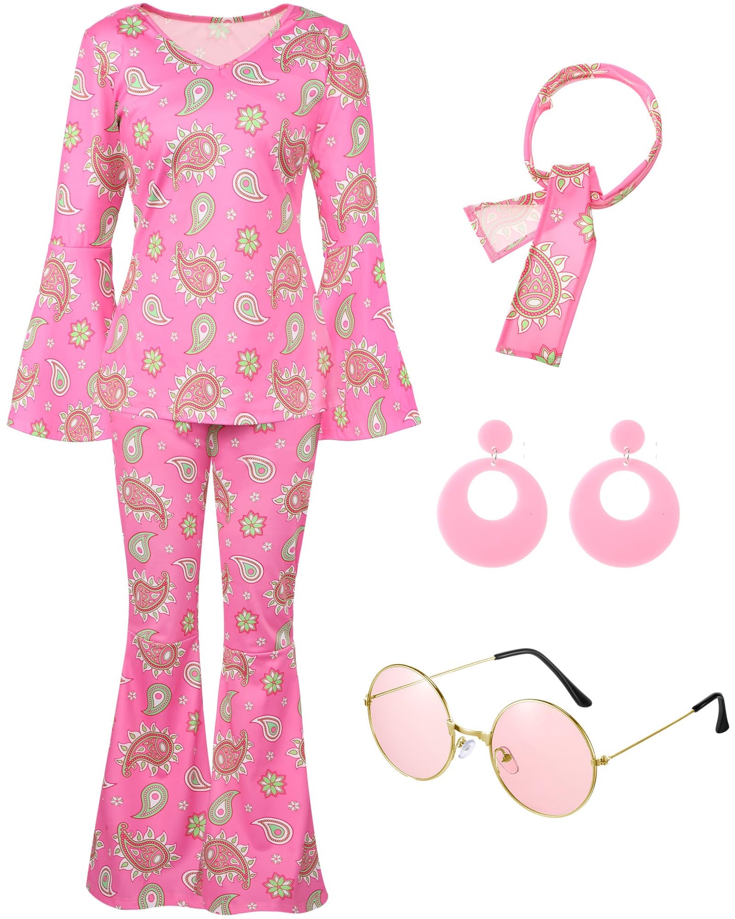 Leumoi 6 Pcs 60s 70s Disco Outfit Women Hippie Costume Accessories Flared Pants Headband Earrings Sunglass (Sweet,XX-Large)