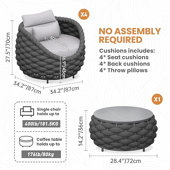 Erotr 5 Pieces Balcony Seating Set: Aluminum Woven Rope Patio Chair Furniture Set - All Weather Metal Outdoor Conversation Set - Assembled Armchair with Table for Bistro Deck Porch Apartment Hotel