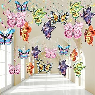 Chrisfall 36 Pcs Butterfly Party Decoration Hanging Swirl Streamer Hanging Ceiling Large Paper Butterfly Decoration for 20...