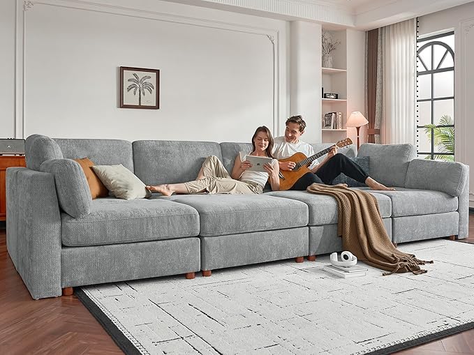 CUGOAO 118'' Modular Sectional Sofa Bed, Oversized Sectional Couch, Deep Seat Chenille Cloud Couch, Removable Cover, Mordern Upholstered Couches for Living Room, Apartment, Office, Grey