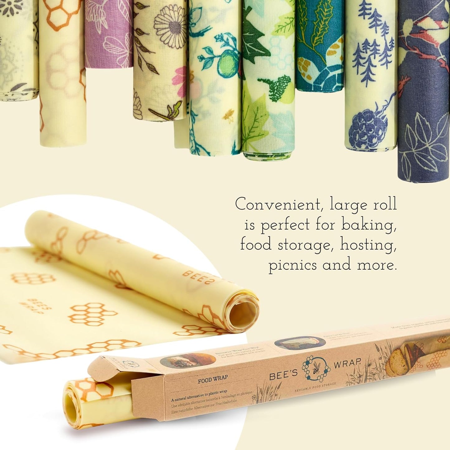 Bee's Wrap Beeswax Wraps for Food - Cut to Size 14x52" Wax Paper Roll - Made in USA Reusable Waxed Paper & Bowl Covers - Organic & Eco-Friendly Alternative to Aluminum Foil & Plastic Wrap, Botanical
