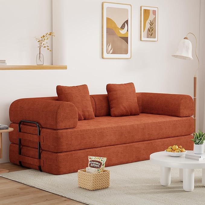 77" Convertible Sofa Bed, Modular Folding Futon Corduroy Floor Foam Compressed Loveseat Sleeper Sofa Couch, Pull Out Queen Size Couch Bed with 2 Pillows for Living Room Guest Room Studio, Orange