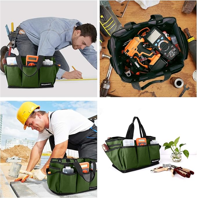 Housolution Gardening Tote Bag, Deluxe Garden Tool Storage Bag and Home Organizer with Pockets, Wear-resistant & Reusable, 14 Inch, Dark Green