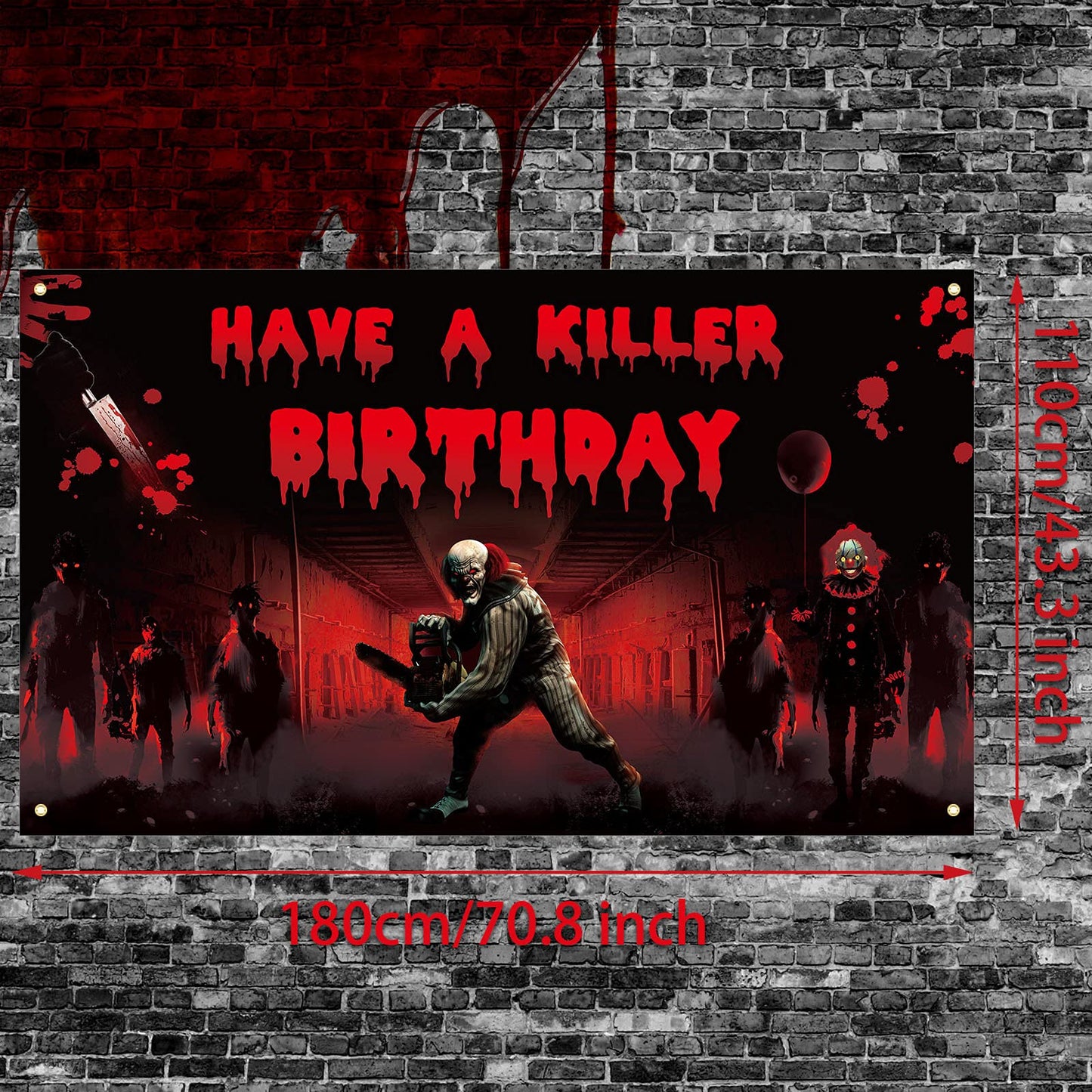 Irenare Killer Birthday Party Backdrop Banner - Crime Scene Decor, Horror Movie Background, 72.8 x 43.3 Inch Scary Bloody Banner for Creepy Movie Chainsaw Clown Spooky Props