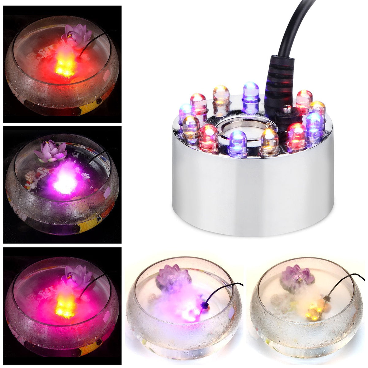 AGPTEK Aluminum Mist Maker Water Fountain Pond Fogger Air Humidifier Atomizer Mini Fog Machine with 12 Color Changing LED Lights