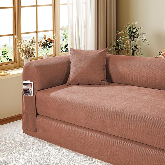 GJQ Convertible Futon Sofa Bed,80" Folding Pull Out Couch Bed with Storage,Queen Sleeper Sofa Bed,Compressed Couch in a Box,Corduroy Boneless Couches for Living Room,Pink