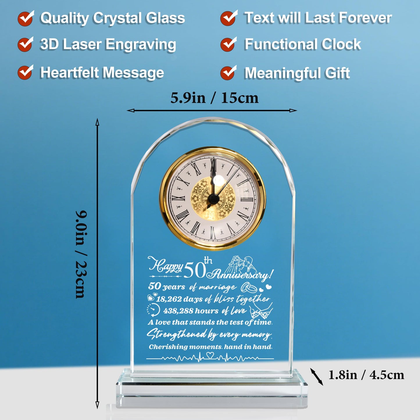 QIANCHANG 50th Anniversary Crystal Quartz Clock: Gift for Parents, 50th Anniversary Delicate Golden Clock, 50th Anniversary Decorative Gift