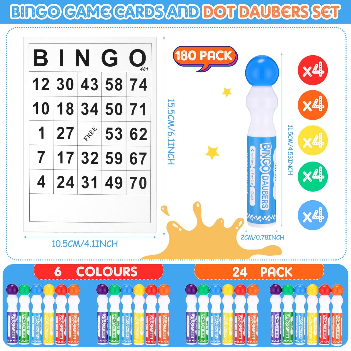Crtiin 204 Pack Bingo Game Cards and Bingo Daubers Set Includes 180 Disposable Paper Game Sheets, 24 Mixed Colors Dot Markers Party Supplies for Card Games Activity Family Gathering Night