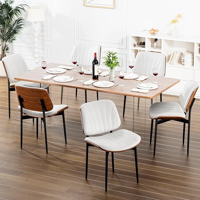 YaFiti Dining Chairs Set of 2, FSC Certified Mid Century Modern Accent Dining Room and Kitchen Chairs, Upholstered PU Leather Shell Chairs for Vanity with Walnut Bentwood and Metal Legs, White