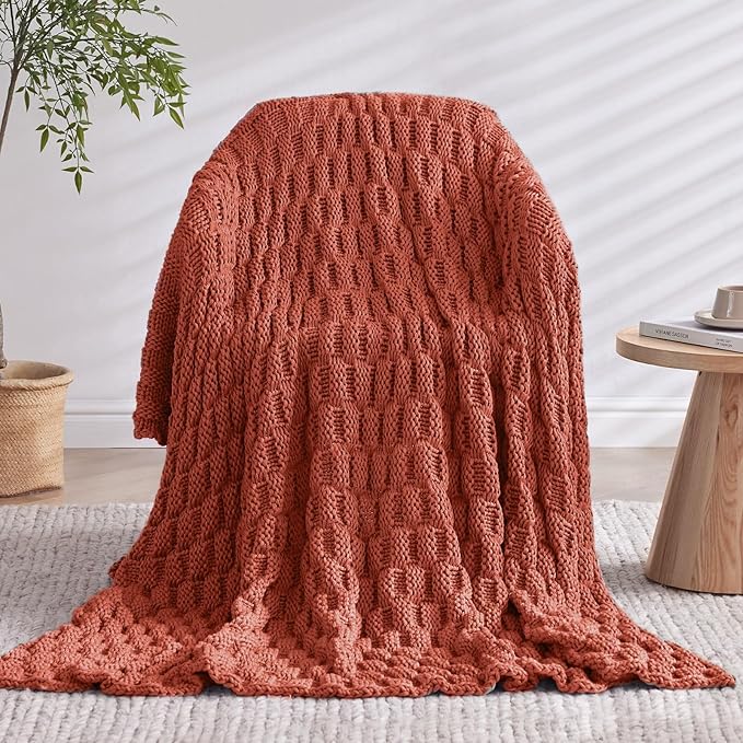 Knitted Weighted Blanket Adult, No Beads Heavy Blanket 50” x 60'' 5lbs, Breathable Chunky Knit Blanket, Cooling Weighted Blanket for Hot Sleepers, Christmas Home Decor (Orange)