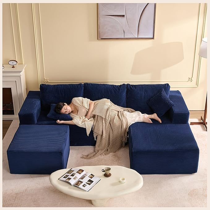 Afuson 107" Boneless Couch with Deep Seat, Modular Sectional Sofa, Cloud Sectional Couch for Living Room, No Assembly Required, Corduroy, U-Shape 3 Seater Right, Blue