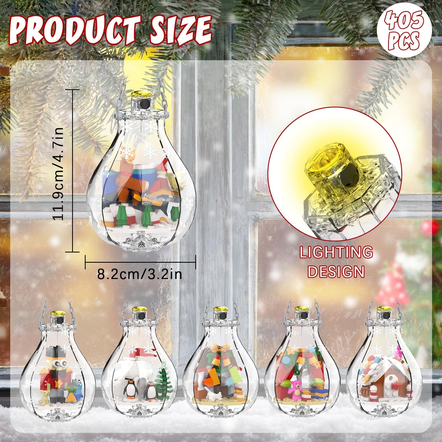 Christmas Tree Ornaments Building Set with Light, Santa Claus Gingerbread House Nutcracker Penguin Bear Building Kit in Bulbs, 6 Pack Xmas Decorations Stocking Stuffers Gift for Kids (405 PCS)